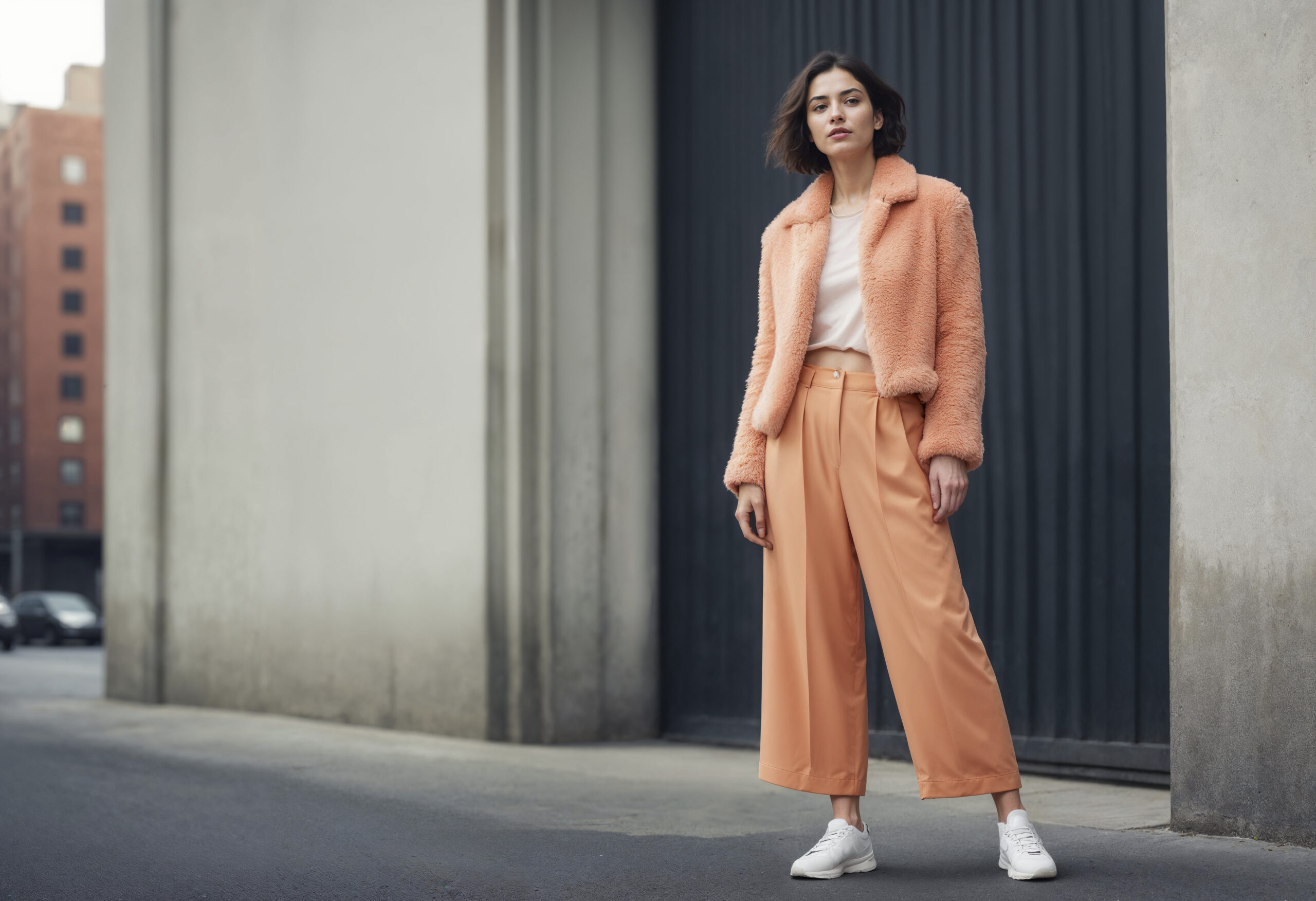 mulher vestindo tênis com calça pantalona